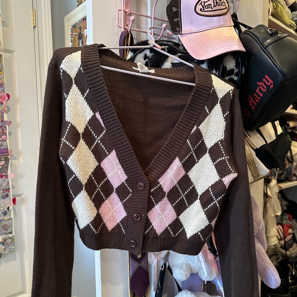 Full Tilt Brown & Pink Cropped Cardigan Sweater